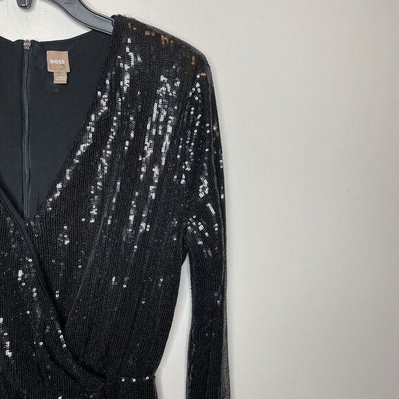 Hugo BOSS Epalleta Dress Women XL Black Sequin Long Sleeve Mini Cocktail - Picture 3 of 13